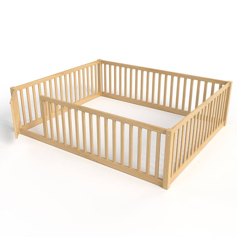Montessori Floor Bed with Safety Guardrails & Door, Kids Low Profile Frame, Available in Queen/Full/Twin