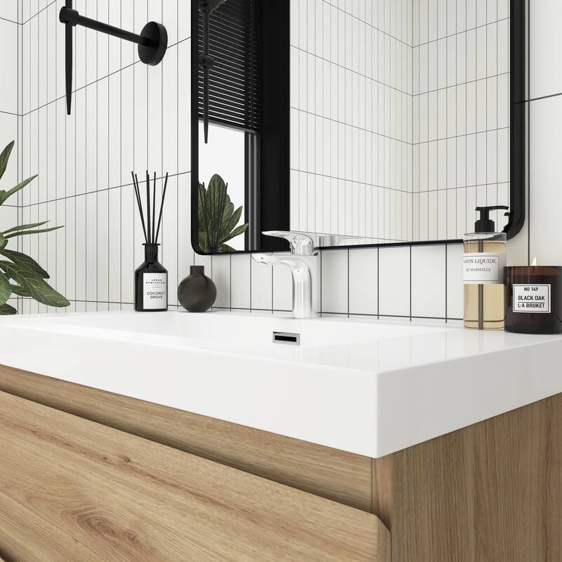MDF Wall-Mounted Bathroom Vanity Set in Oak with Integrated Culture Marble Sink