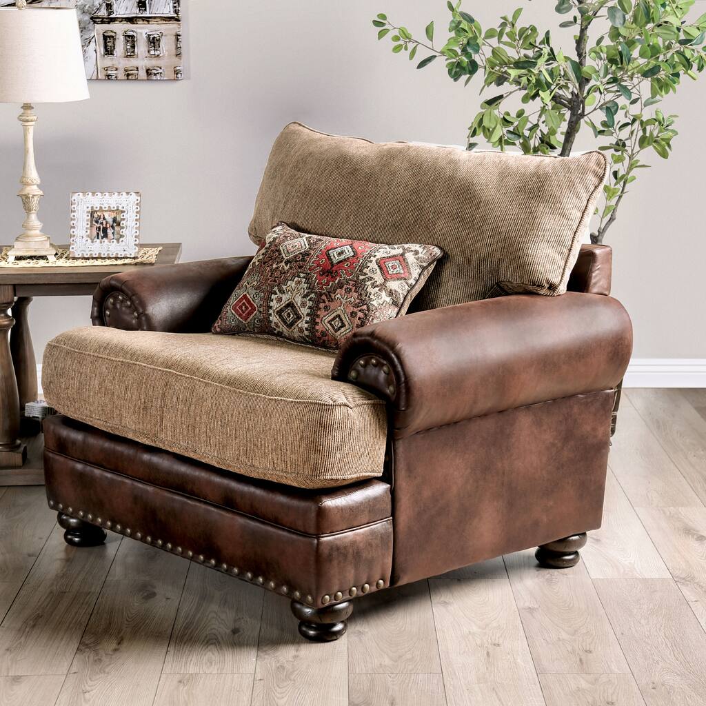 Dhirendra Traditional Brown Faux Leather and Chenille Nailhead Rolled Arm Armchair by Furniture of America