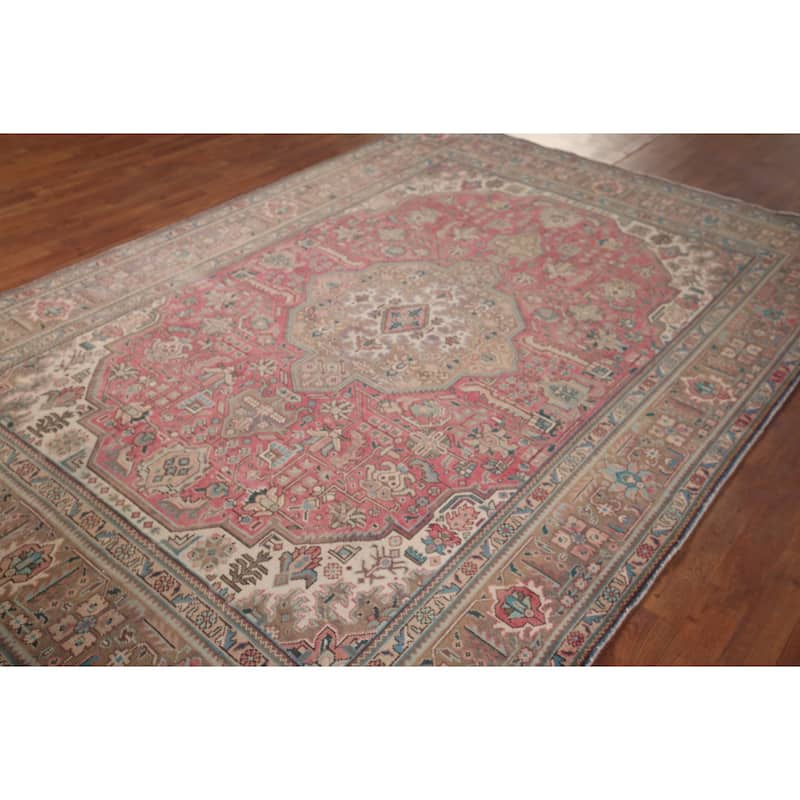 Pink Geometric Tabriz Persian Vintage Rug Hand-Knotted Wool Carpet - 6'7"x 9'8"