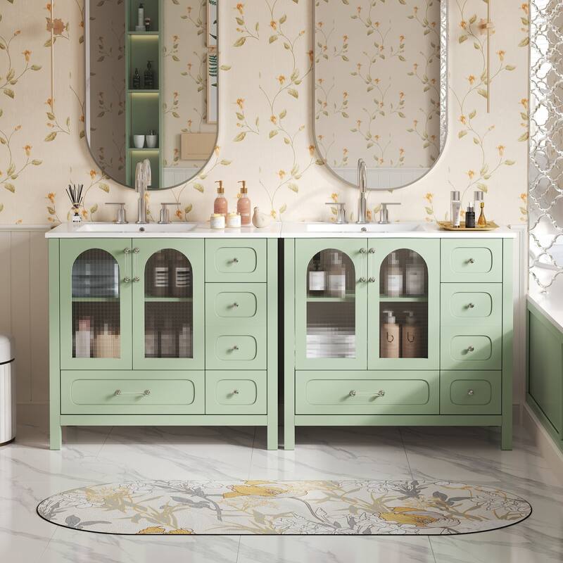 72"Large Bathroom Cabinet with Waffle Texture Doors , with Eight Drawers, Four Soft-Closing Doors and Double Sink Top