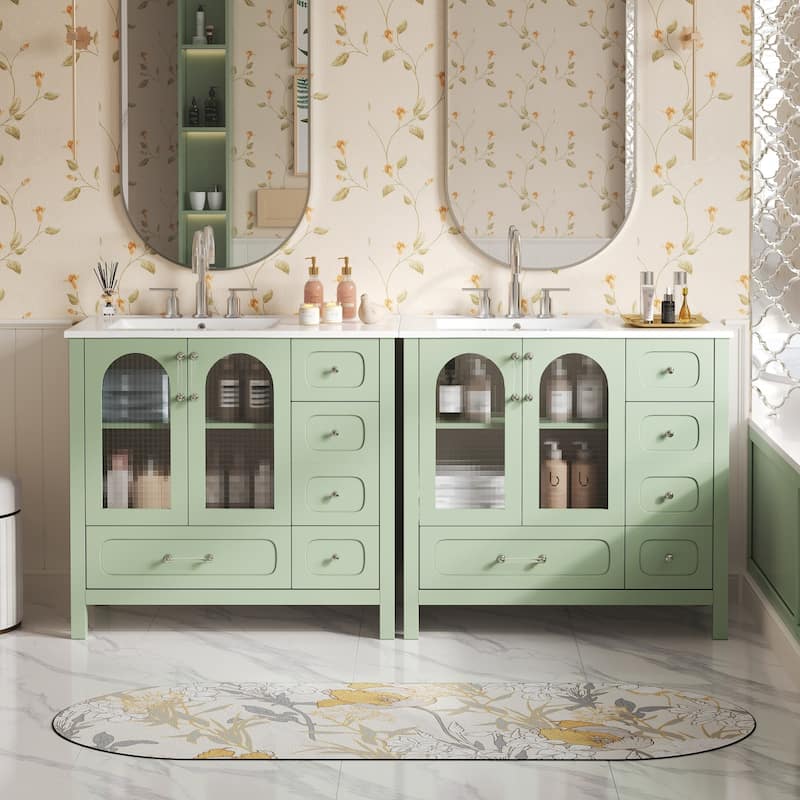 GDFStudio - Wesbridge Modern Double Sink Bathroom Vanity Set with 8 Drawers, 4 Soft-Closing Glass Doors - 72'W