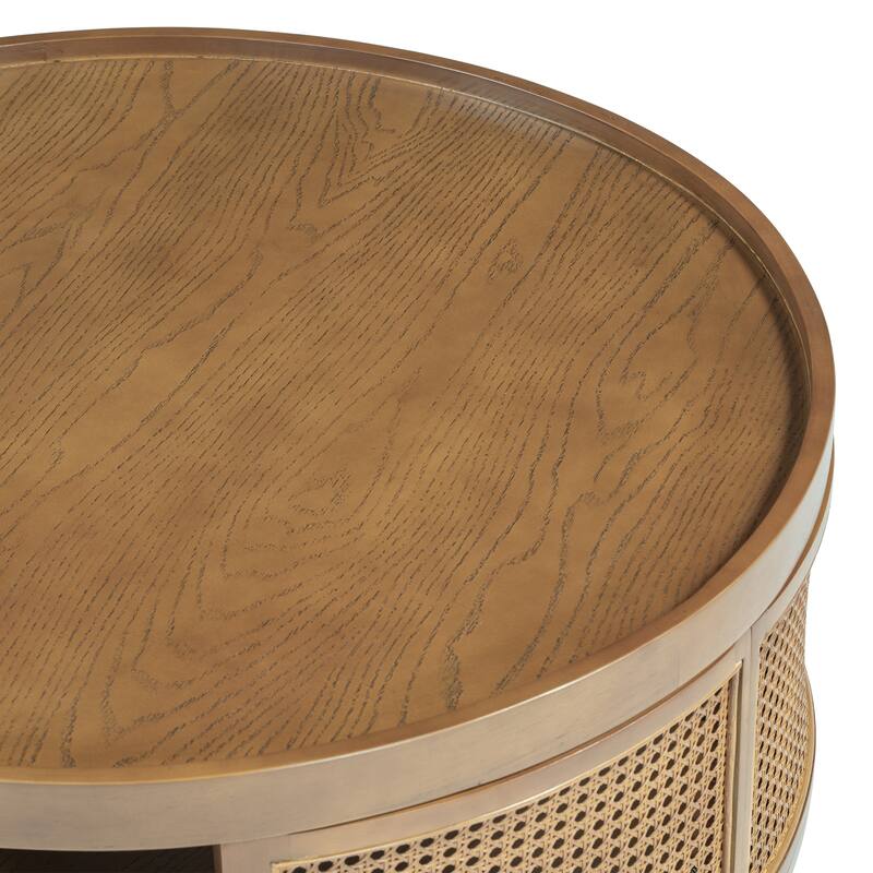 37'' Wooden Mid-Century Modern Coffee Table with PE Rattan Side - 37.1'' D x 37.1" W x 15.2" H
