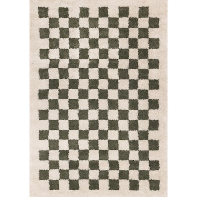 Cream Green Soft Shag Checkerboard Area Rug, 5'3" x 7'7"