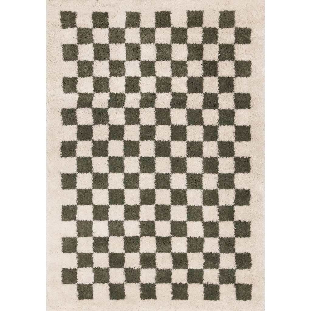 Cream Green Soft Shag Checkerboard Area Rug, 5'3" x 7'7"