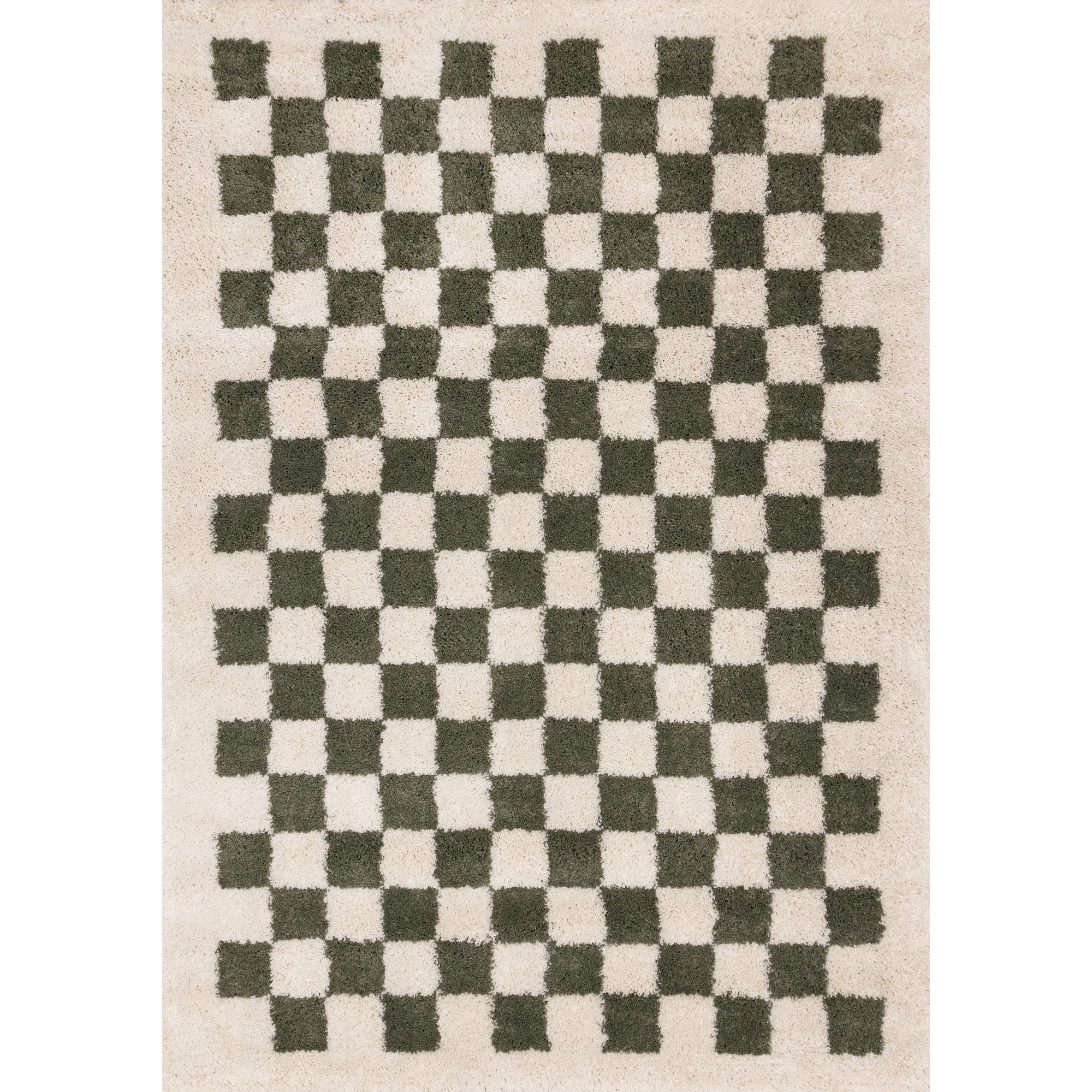 Cream Green Soft Shag Checkerboard Area Rug, 5'3" x 7'7"