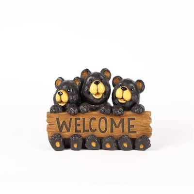 14.5" Black and Brown Bear Family Holding "WELCOME" Sign Garden Statue