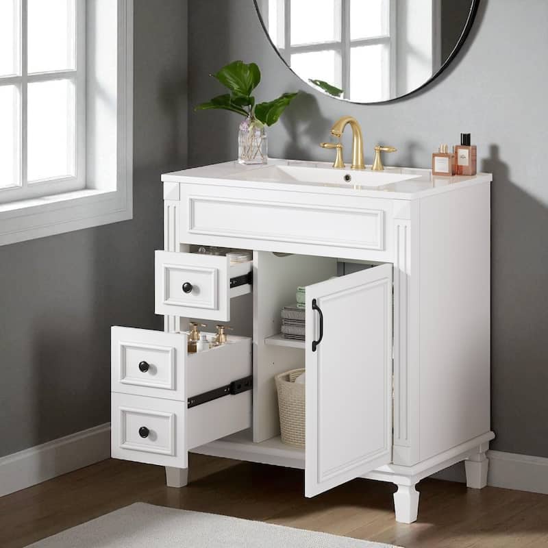 30" Bathroom Vanity with Ceramic Sink Combo, Freestanding Storage Cabinet with Drawers & Shelf, Modern Small Vanity