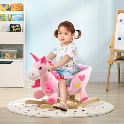 Pink Rocking Horse for Toddlers with Curved Wooden Base and Music Buttons and Safety Features - 25.5" L x 13.75" W x 17.75" H