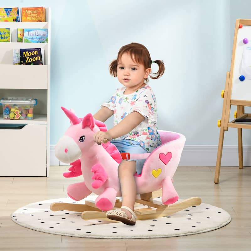 Qaba Baby Rocking Horse, Ride on Unicorn with 32 Songs, Toddler Rocker Toy with Wooden Base Seat Safety Belt for 1.5-3 Year Old