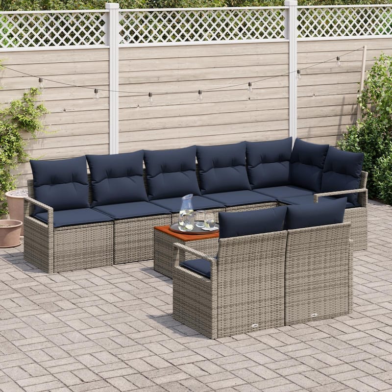 vidaXL 9 Garden Sofa Set with Cushions Black/Grey Poly Rattan - 113 x 48 x 27.2