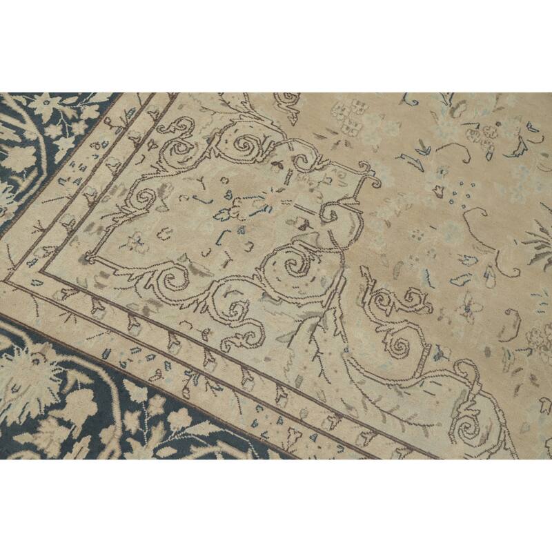 Hand Knotted Oriental 100% Wool Carpet Traditional Floral Beige & Ivories Kerman Area Rug - 13' 4'' X 9' 9''