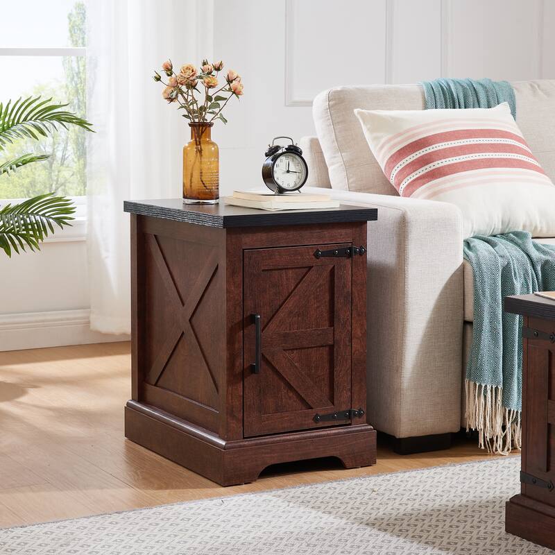 Anmytek Farmhouse Side Table with Barn Door Storage Rustic Nightstand End Table for Bedroom Living Room
