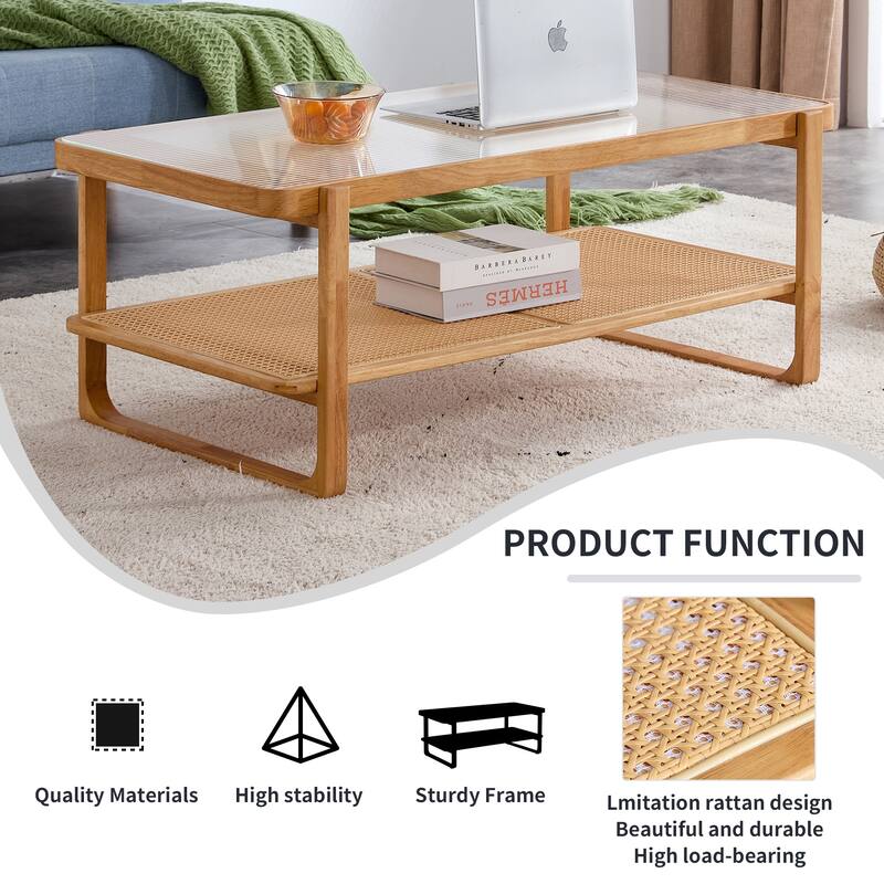 Roomfitters Walnut Solid Wood Coffee Table with Rattan Shelf, Glass Top Rectangle Tea Table for Living Room or Bedroom