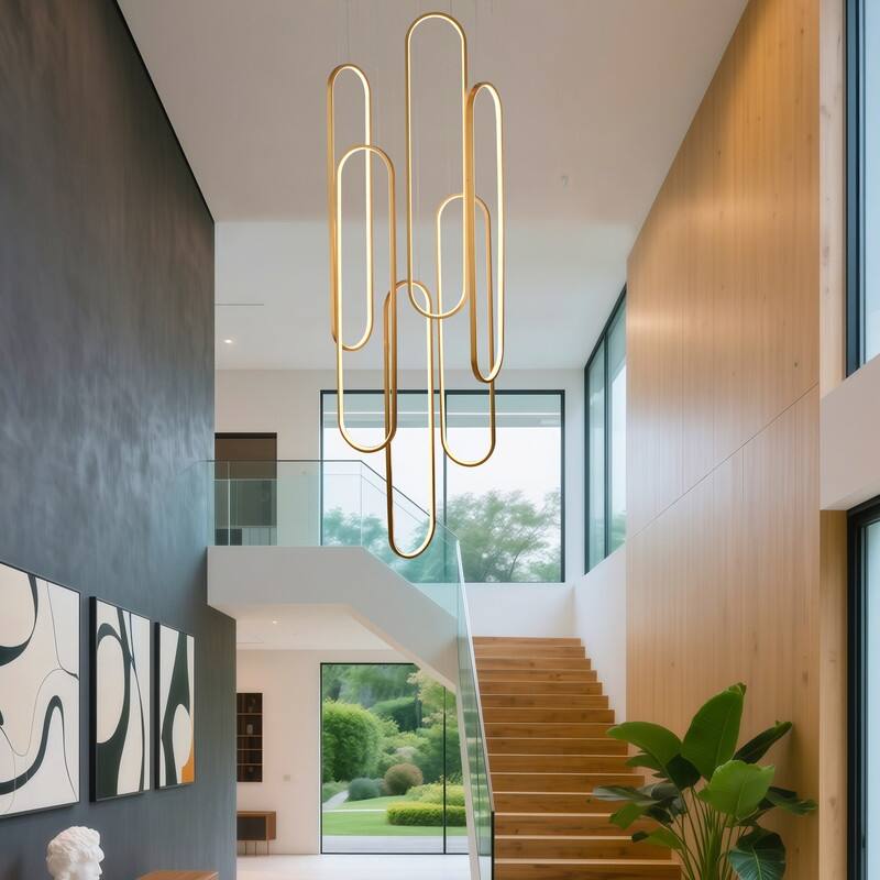 Modern Chandelier 6 Ring Adjustable Height Long Staircase LED Chandeliers Foyer Ceiling Light