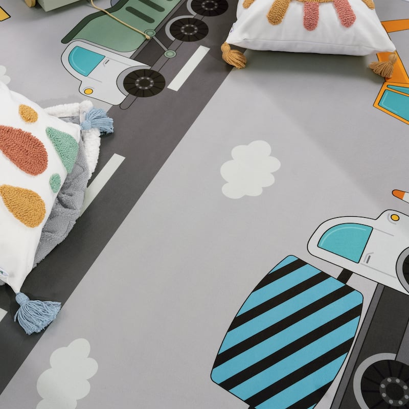 Kids Rug for Nursery Construction Road Play Mat with Cranes and Trucks