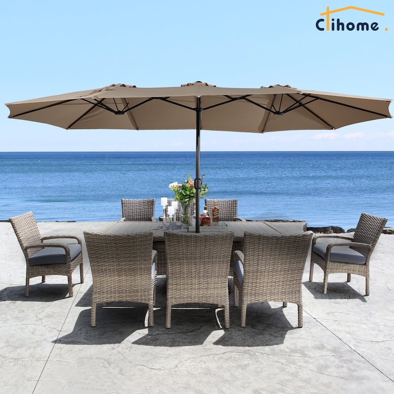 Clihome 15 Ft Outdoor Rectangular Crank Market Umbrella with Base