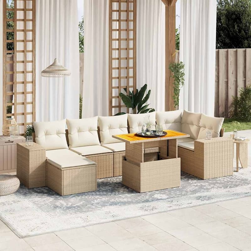vidaXL Patio Sofa Set with Cushions Outdoor Conversation Furniture Poly Rattan - 21.7 x 24.4 x 27.2 - Beige-3 middle+3 corner+footrest+table