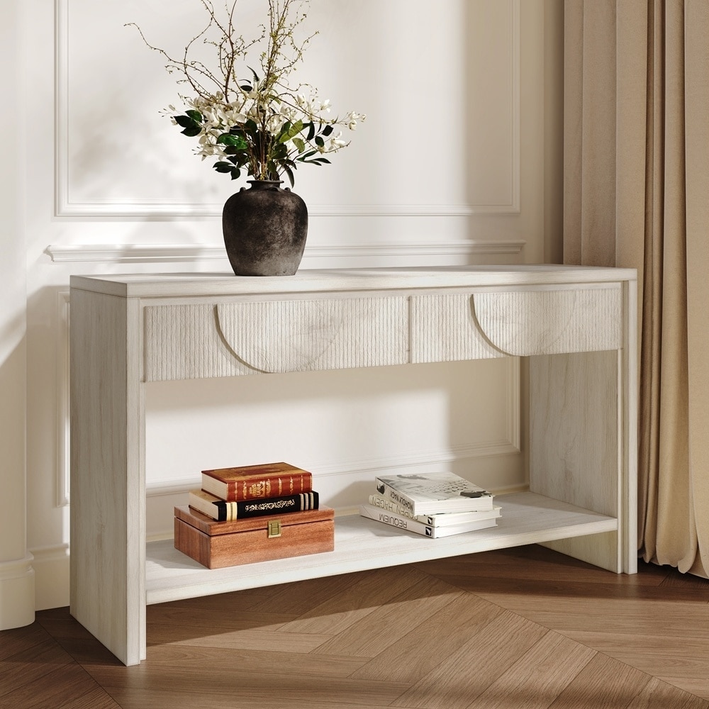 Long Distressed Wood Sofa Table with Storage Drawers