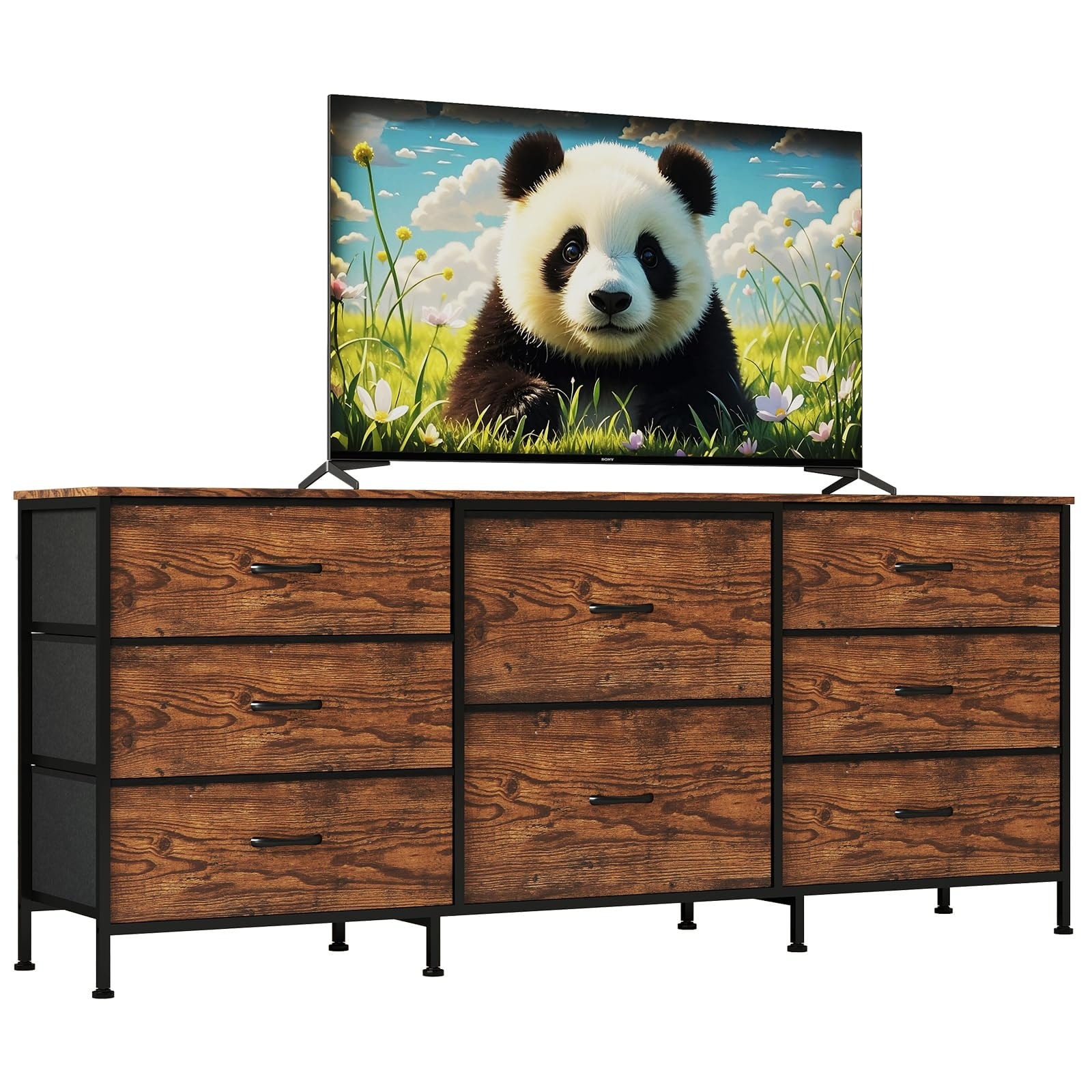 63" TV Stand Dresser with 8 Fabric Drawers for TVs up to 75", Storage Organizer with Wooden Top & Metal Frame