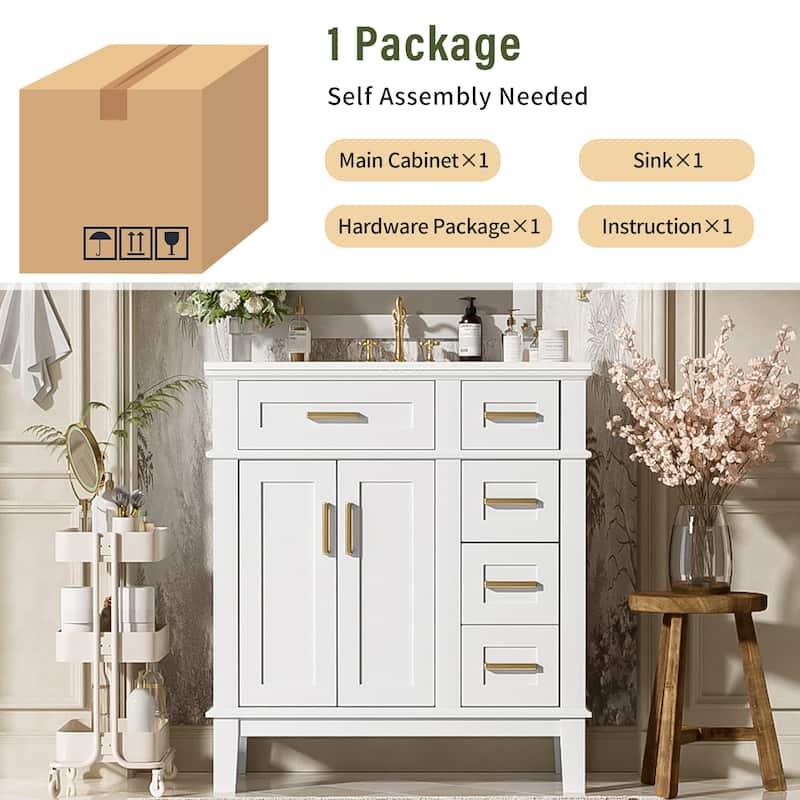 30" Bathroom Vanity with Ceramic Sink - Modern Cabinet with Soft-Close Doors, Deep Drawer & Standard Drawer