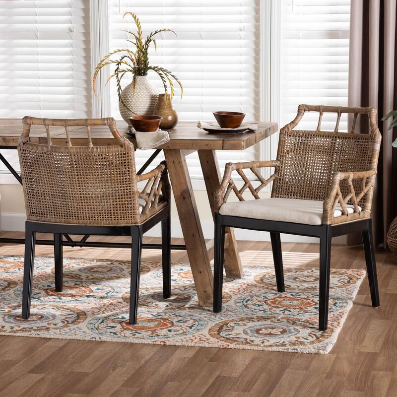 Abiel Natural Rattan Dining Armchair with Cushion - Handwoven Wicker Chair with Mahogany Wood Frame, Coastal Boho Seating