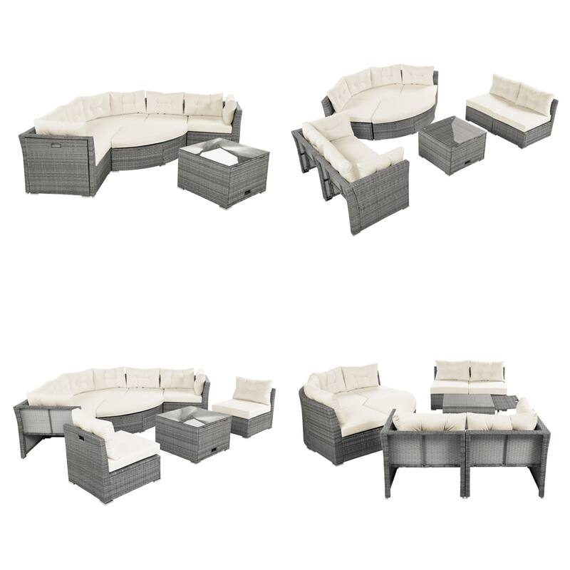 Patio Rattan Furniture Set with Cushions and Center Table