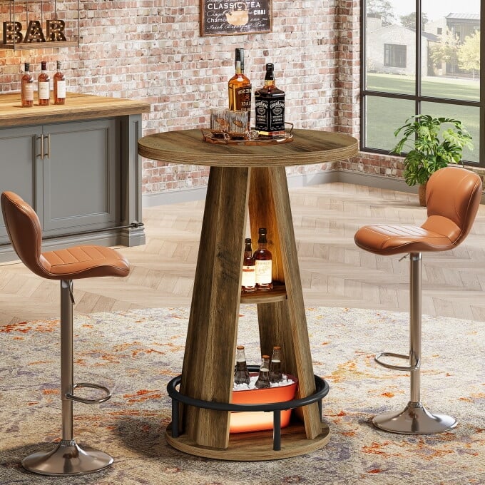 Rustic Wooden High Pub Table, Round Counter Height Bar Table