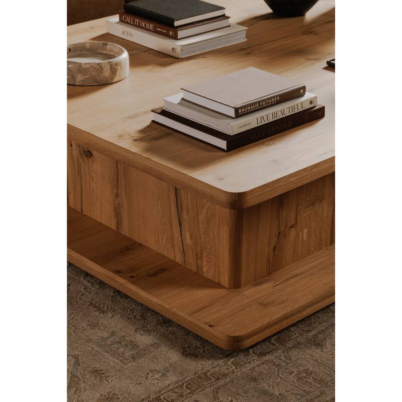 NADAAL STUDIOS Thalor Coffee Table, Large Rectangular Solid Oak Edge, Bullnose Vertical Support, Dark Brown
