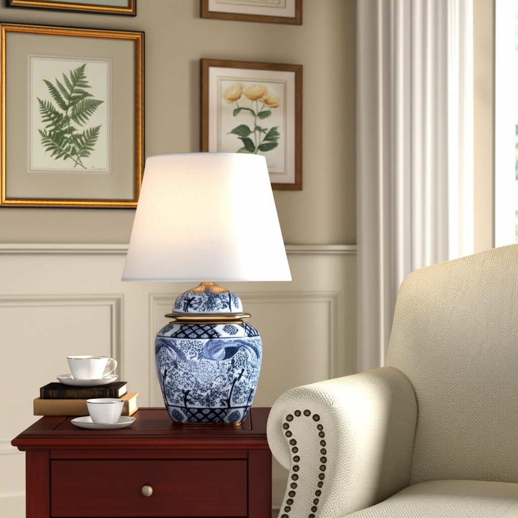 Ceramic Table Lamp Drum Shade Chinoiserie - 18" White/Blue - 12" x 12" x 18"