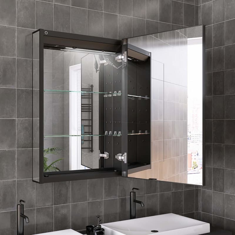 20" x 30" Lighted Recessed Medicine Cabinet with Mirror and Electrical Outlet - Right Hinge
