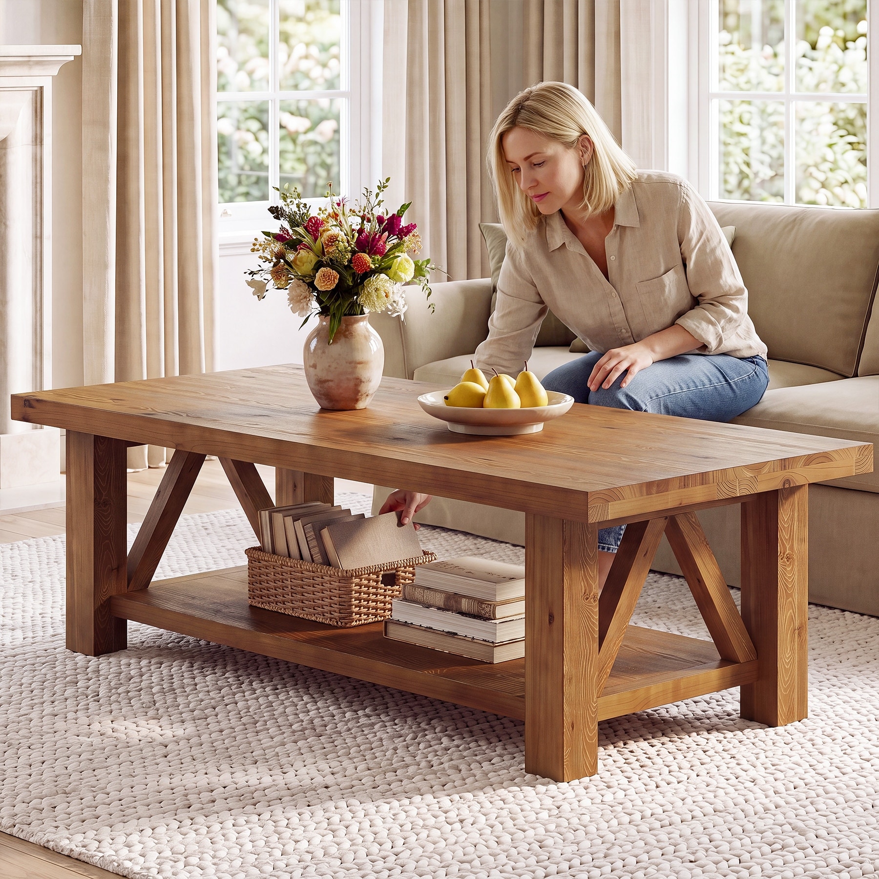 55" Solid Wood Coffee Table, 2-Tier Center Table with Storage