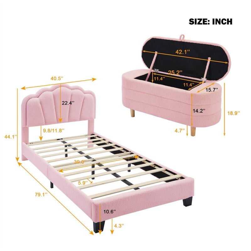 2-Piece Bedroom Sets Twin/Full Size LED Upholstered Platform Bed with Flower Shaped Headboard and Bed End Storage Ottoman