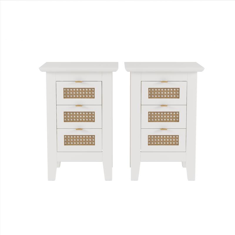 Wooden Nightstands Set of 2 with Rattan-Woven and 3 Drawers Nightstand,for Bedroom Golden Handle Small Side Table