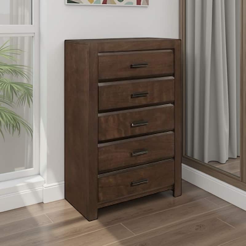 Rawn Tall Dresser Chest, 5 Drawers w Metal Handles, Brown Okume Veneer