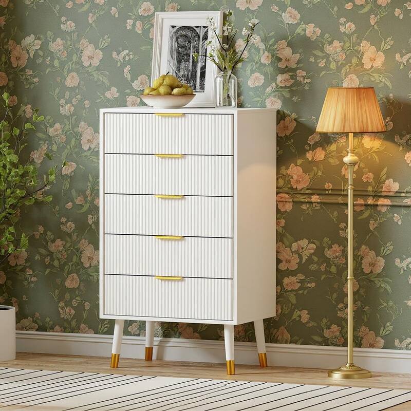 Fluted 5 Drawer Dresser, with Gold Metal Handles - White