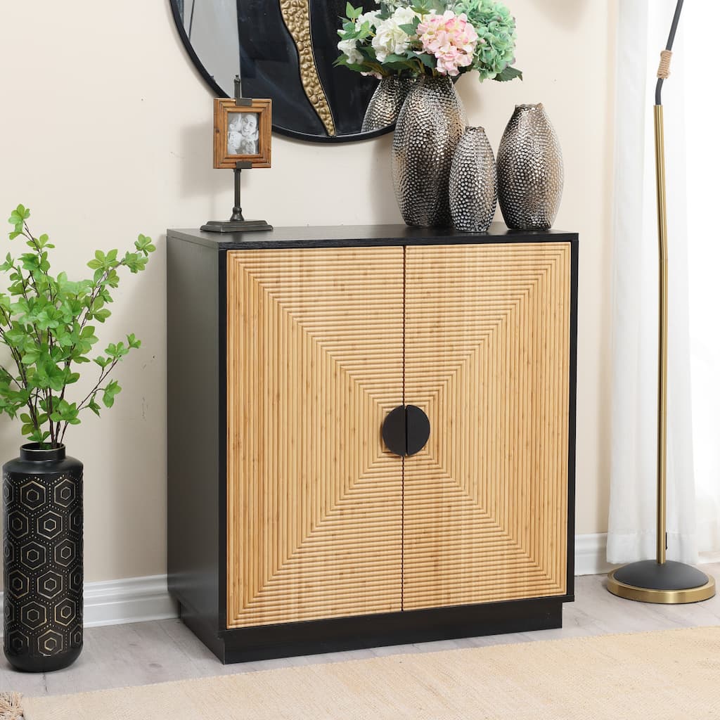 Modern Boho 2-Door Black Accent Cabinet with Bamboo Strips - 33.9" H x 31.5" W x 15.7" D