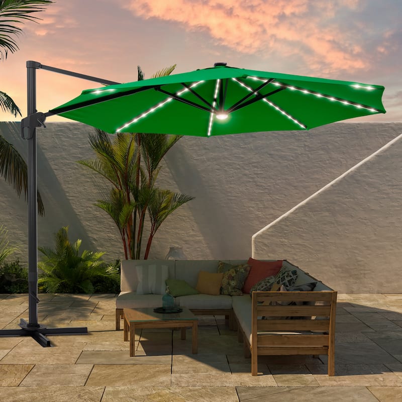 BONOSUKI 11FT LED Cantilever Patio Umbrella Angle Adjustment w/Cross Base