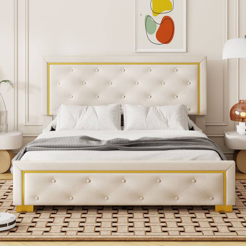 Velvet Upholstered Platform Bed With Pull Point Headboard And Metal Wire Frame - Beige
