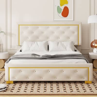 Velvet Upholstered Platform Bed With Pull Point Headboard And Metal Wire Frame