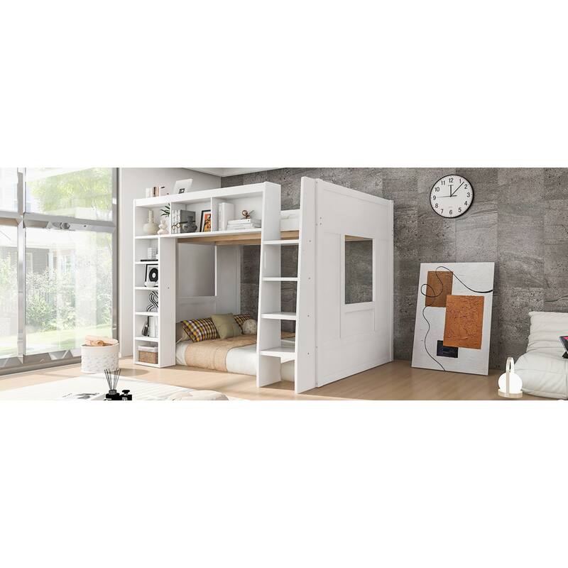 Roomfitters Queen Size Loft Bed with Storage Cabinets and Bookshelves