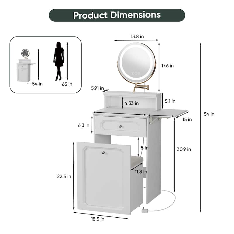 Makeup Vanity with Round Mirror, Lights, 2-in-1 Nightstand, a Chair