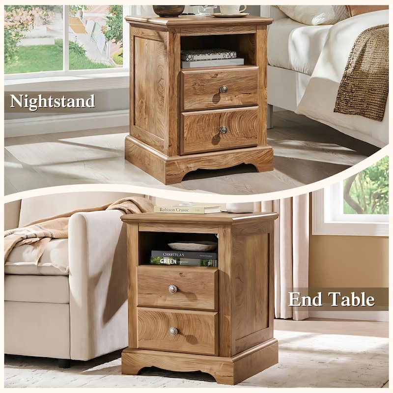 Vintage Wood Nightstand with Charging Station, End Table, Side Table