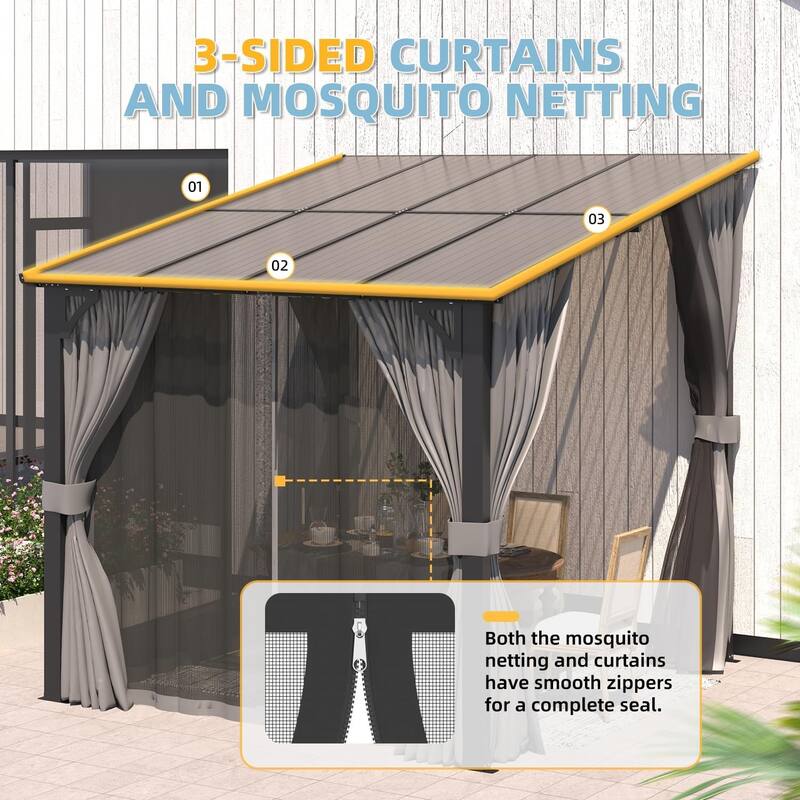 AECOJOY Gazebo for Patio, Small Wall-Mounted Lean to Pergola 8x8 Gazebo with Curtains and Netting, Hard Top Gazebo on Clearance