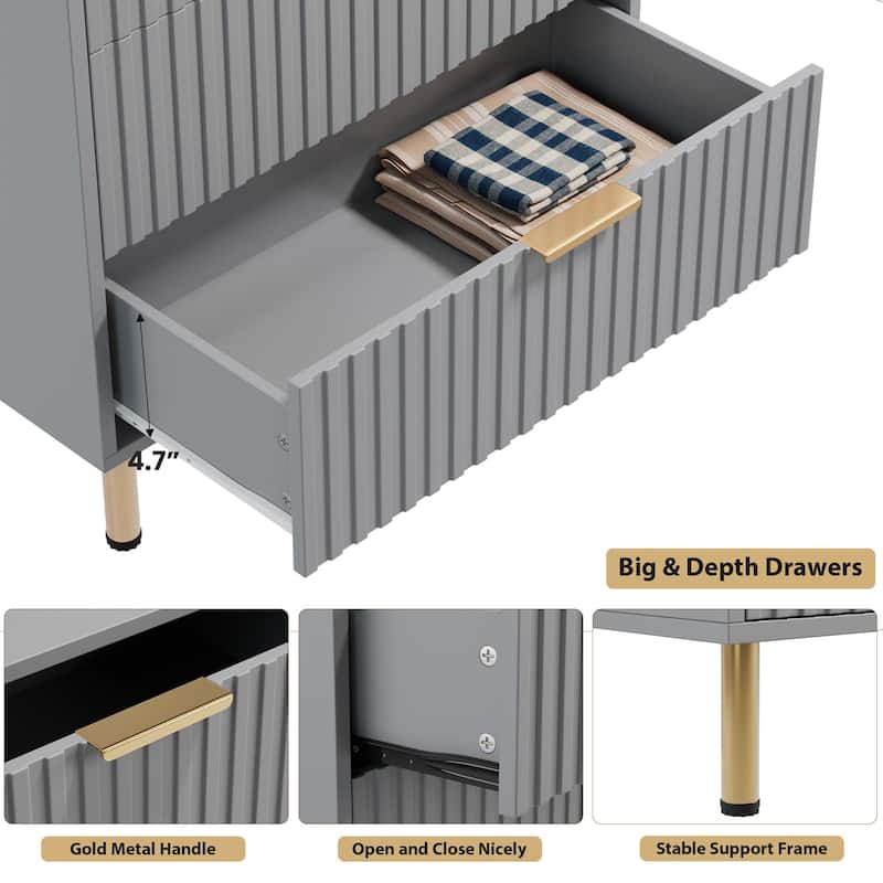 5 Drawer Fluted Dresser for Bedroom, Tall Modern Chest of Drawers with Deep Storage and Wide Top