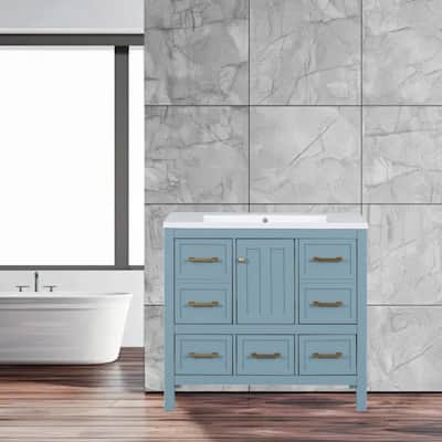 Modern 36" Bathroom Vanity with Resin Sink Combo, Solid Wood Cabinet, 5 Drawers & Soft-Close Doors for Storage