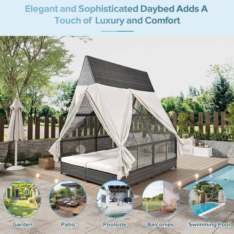 Outdoor All Weather Double Daybed with Curtains, Rattan Patio Lounge Sofa Bed with Adjustable Backrest