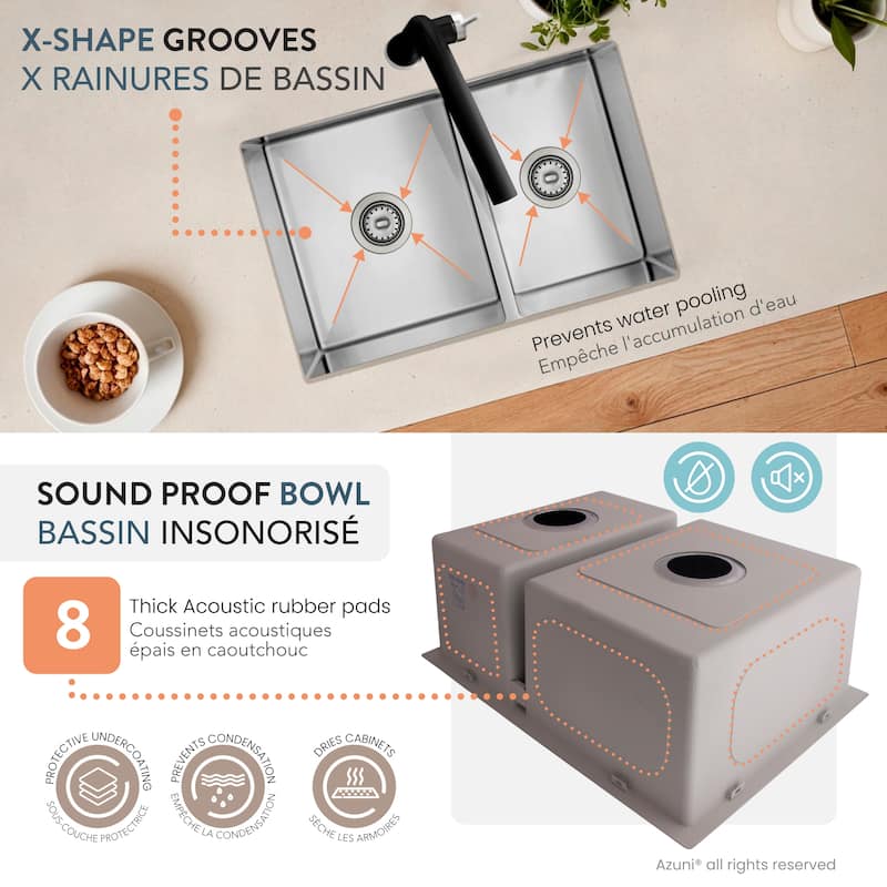 AZUNI 27 inches L x 18 inches W Double Bowl 60/40 Dual Mount 16G Reversible Kitchen Sink with Grids and Basket Strainers