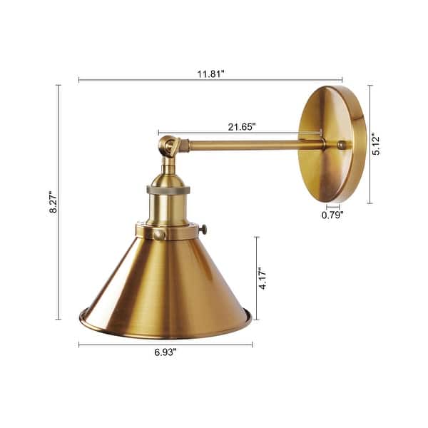 dimension image slide 0 of 4, Industrial Brass Wall Sconce with Metal Cone Shade