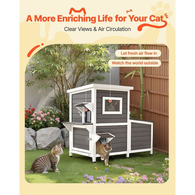 Outdoor Wooden Cat House for Multiple Cats with Waterproof Roof and Elevated Weatherproof Design